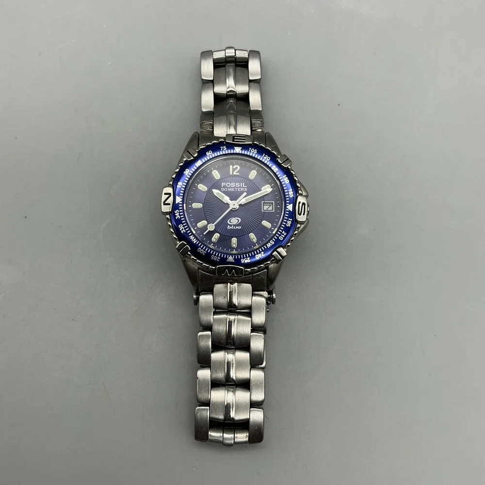 Fossil Blue AM-3104 Womens Watch 29mm Blue Dial Stainless Date New Battery 6.5
